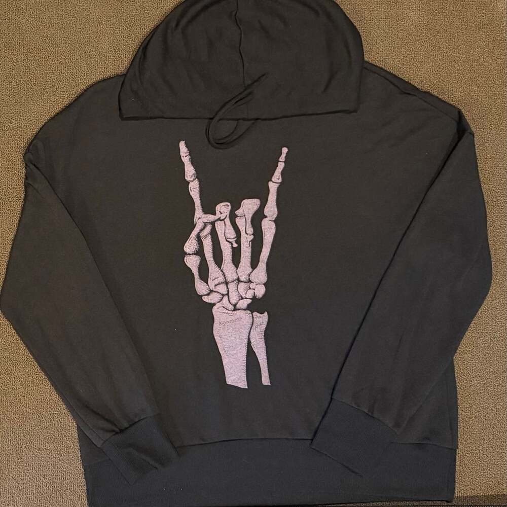 Zoe + Liv Black Lightweight Hoodie Pink Skeleton Rock On Hand Graphic